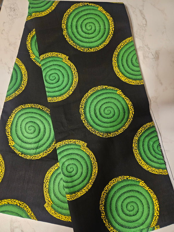 Black with Green Circles Ankara Fabric