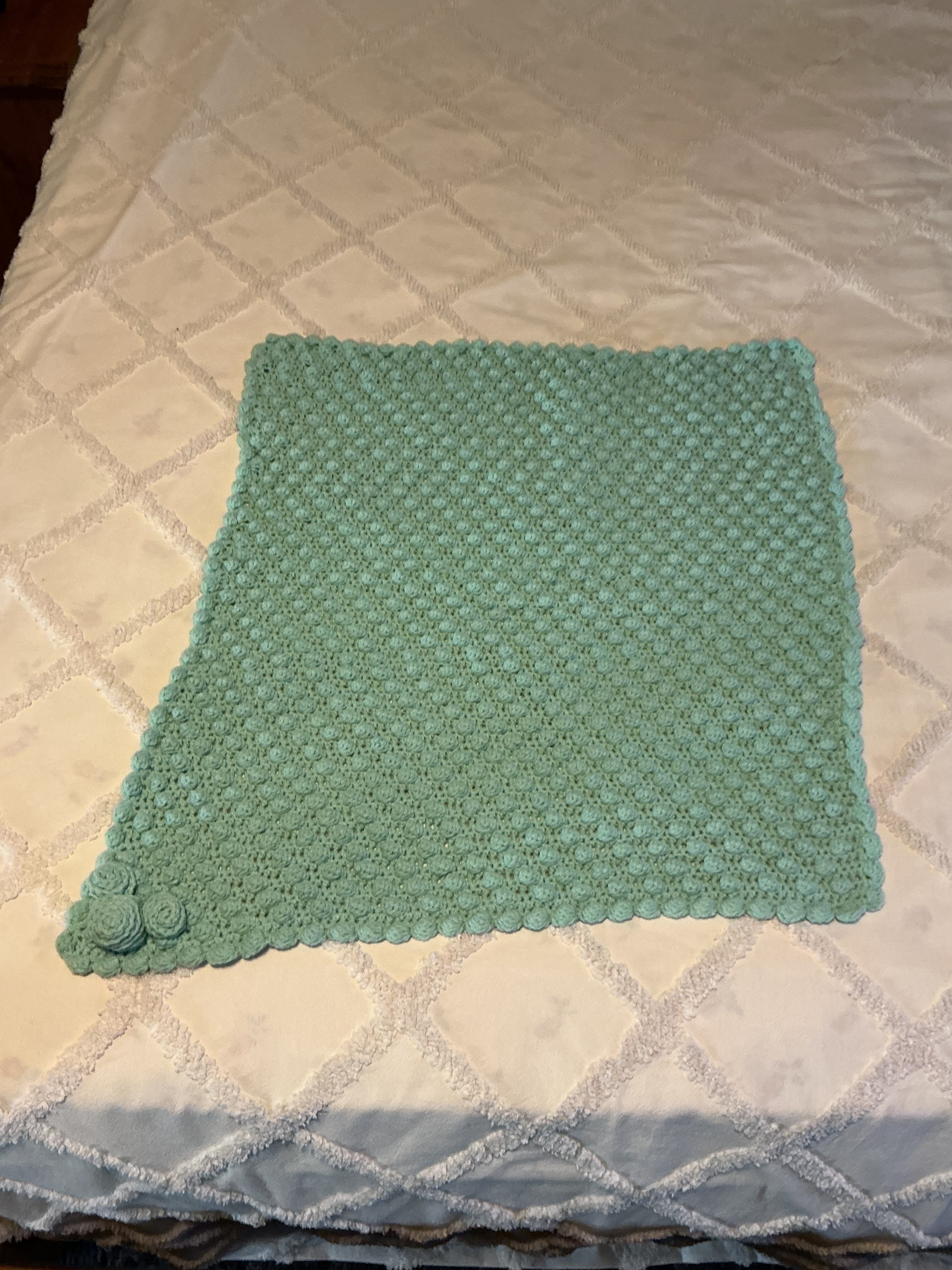 Hand-Crocheted Aqua Blue Baby Throw with Rose Accent - 24x25