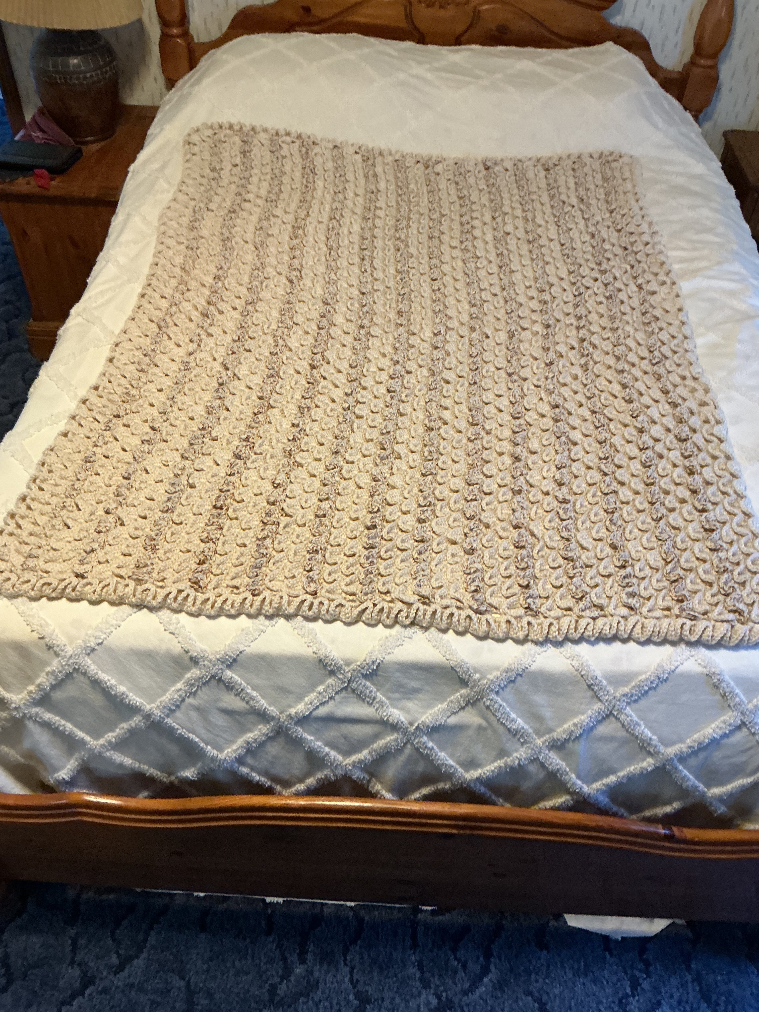 Hand-Crocheted Crocodile Stitch Blanket - Beige Textured Throw 45x56