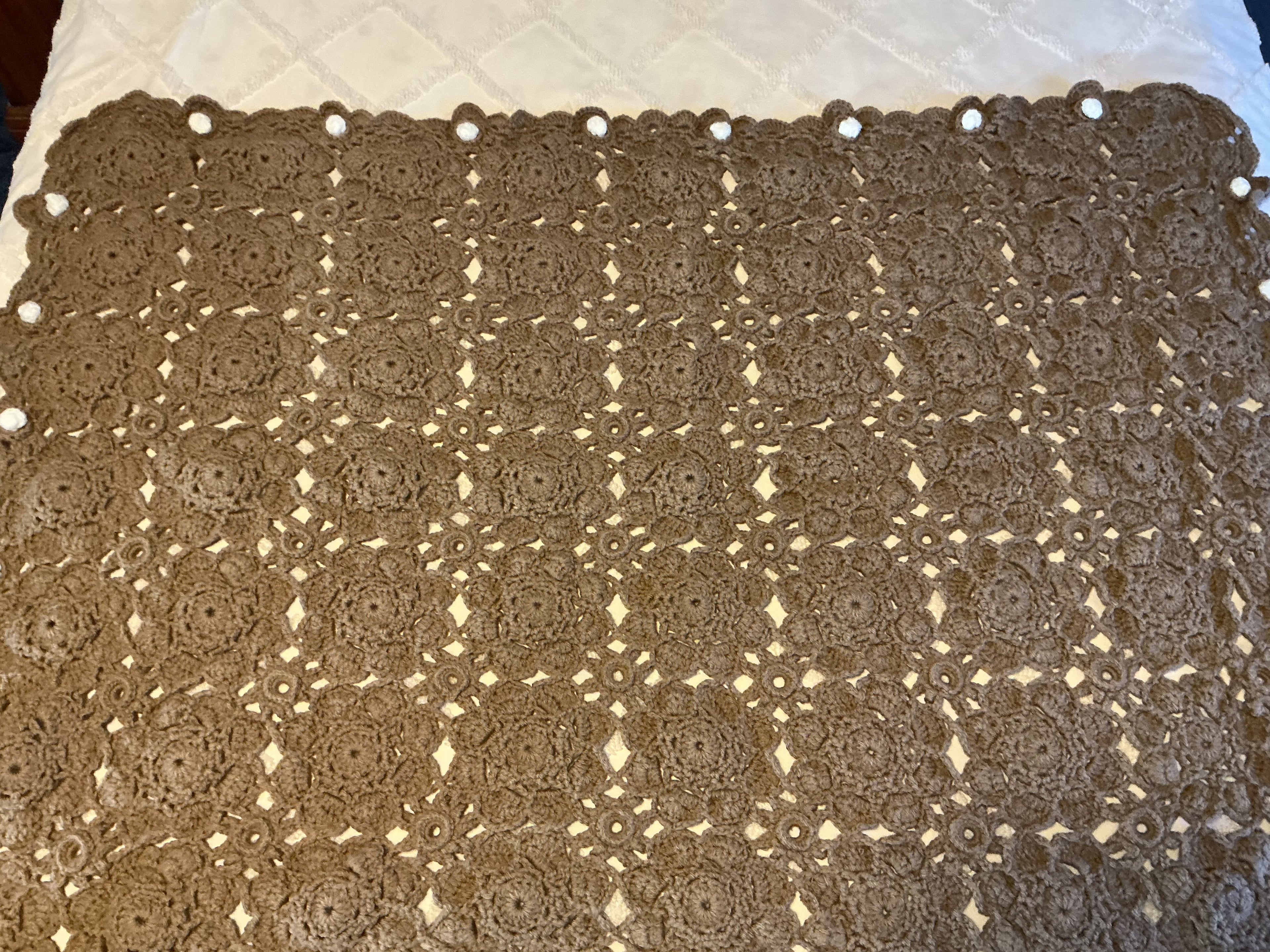 Hand-Crocheted Brown Throw with White Rose Edge - 53x38 Blanket