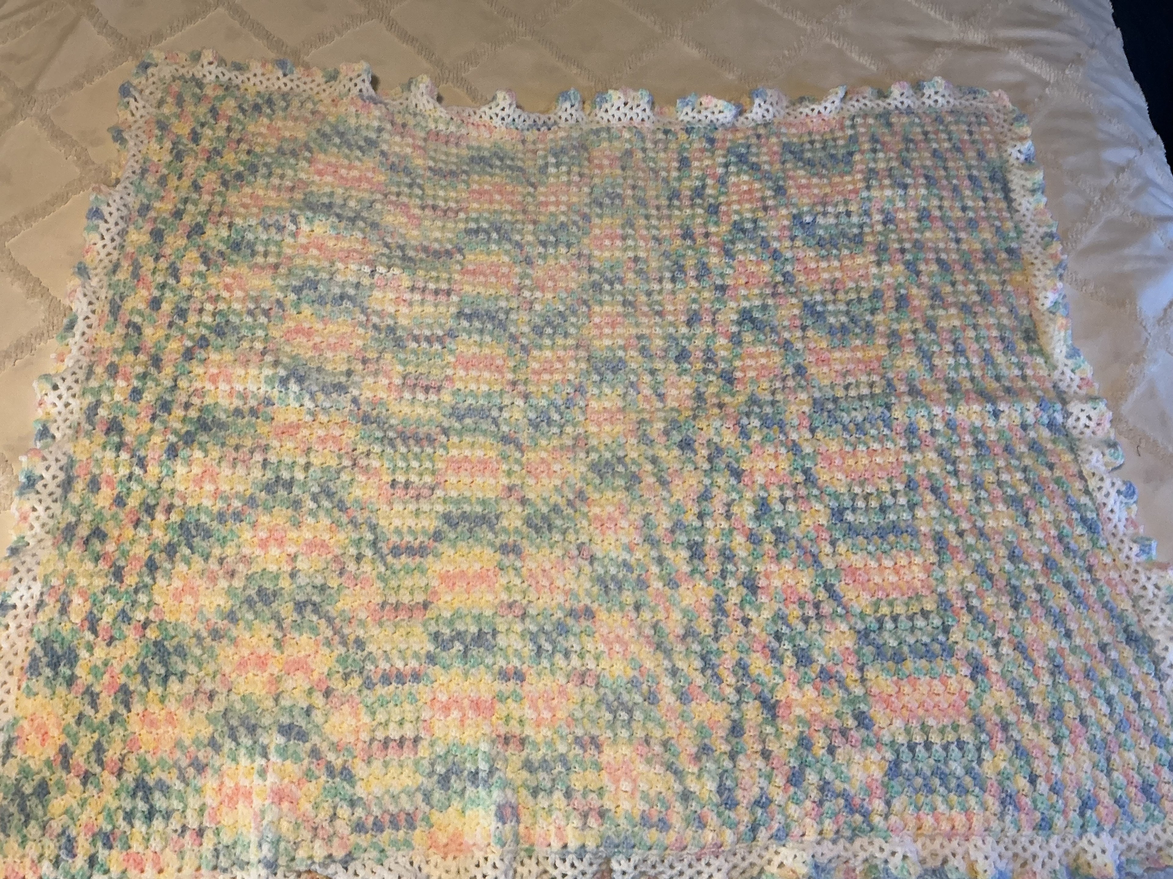 Hand-Crocheted Pastel Baby Blanket with White Trim - 38x32 Nursery Throw