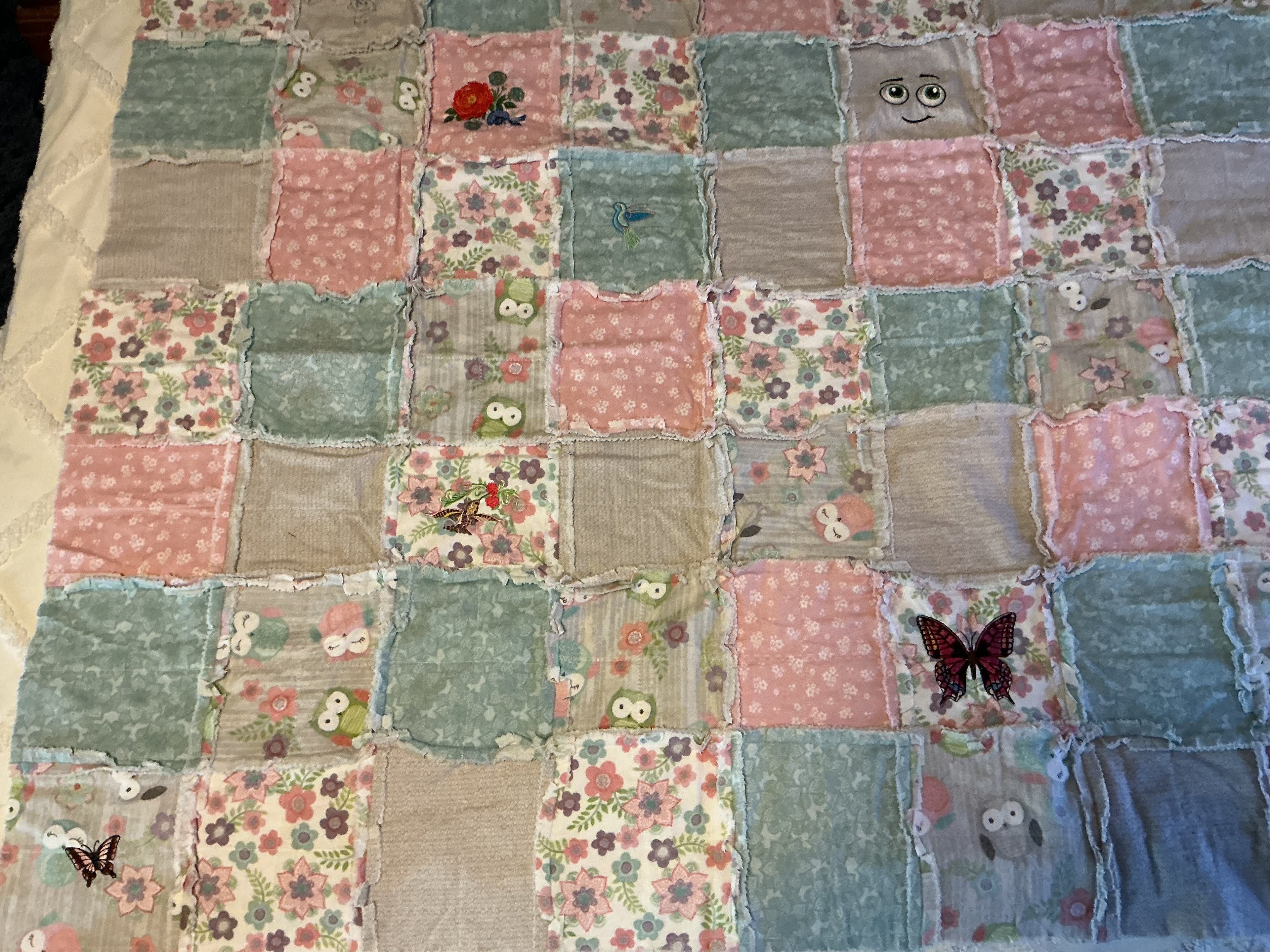 Embroidered Baby Blanket - Snuggle Flannel with Blue Pink Gray 47x40