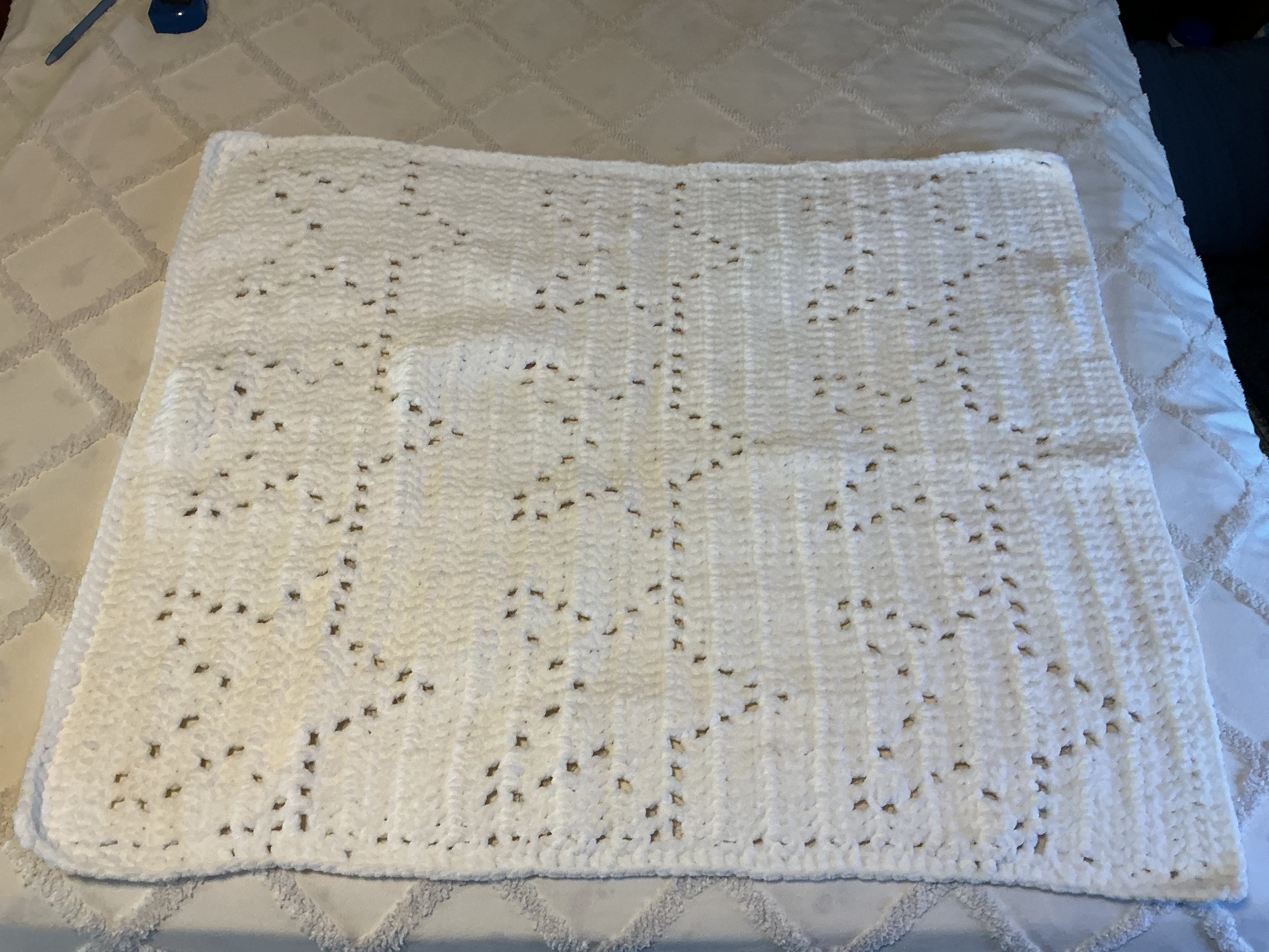 Hand-Crocheted Star Baby Blanket - White Crochet Throw 31x67