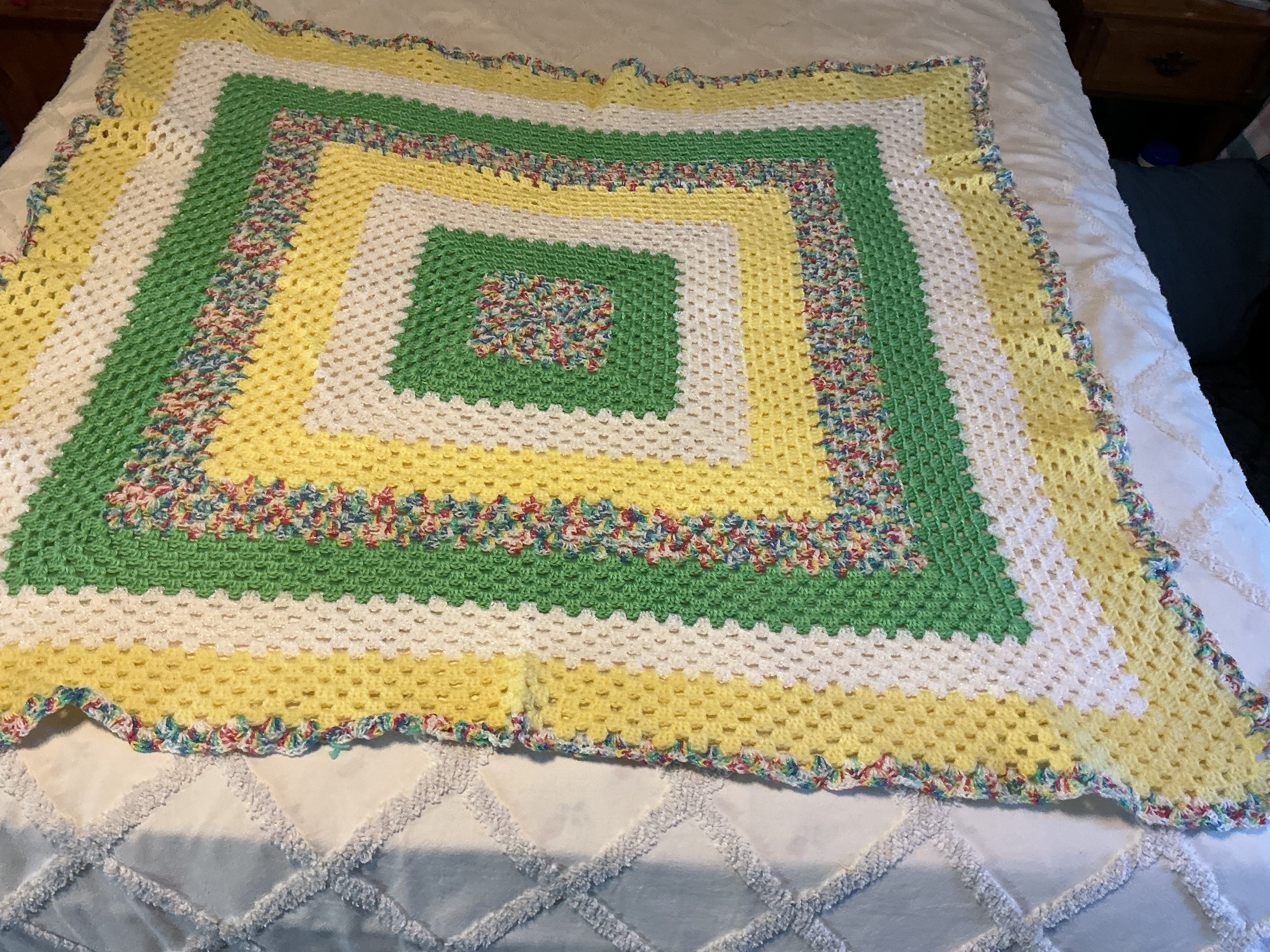Handmade Crochet Granny Square Blanket - Yellow Green Infinity Pattern Throw